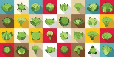 bloemkool vlak pictogrammen. een kleurrijk beeld van divers types van groen groenten, inclusief broccoli vector