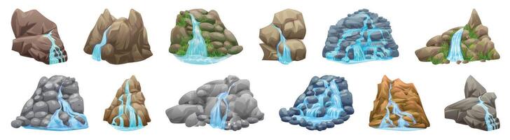 cascade tekenfilm pictogrammen. een serie van rots formaties met water vloeiende door hen vector