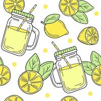 naadloos patroon met cartooncitroenen en een glazen pot met limonade vector