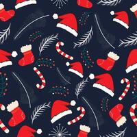 Kerstmis achtergrond met sier- hoed,, geschenk, hulst, speelgoed. vakantie kleurrijk naadloos patroon. winter achtergrond.klaar naar afdrukken voor kleding stof, textiel, omhulsel papier en andere decoratie. vector