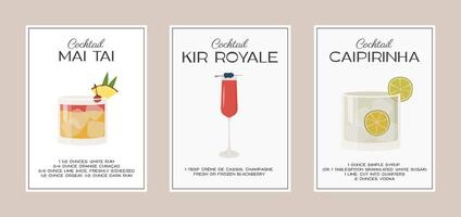 mai tai, kir royale en caipirinha cocktail. klassiek alcohol drank recept met ingrediënt. modern modieus grafisch afdrukken. minimalistische gemakkelijk poster reeks met garneer aperitief drankje. vector illustratie