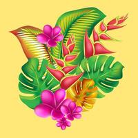 oerwoud bloem, bladeren keerkring set. geïsoleerd elementen. palm blad, monster, roze plumeria bloem, hibiscus bloesem, exotisch tropisch zomer bloemen en bladeren. vector