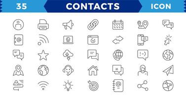 contact en communicatie iconenset, schets icoon voor contact, babbelen en communicatie.web en mobiel icoon. chatten, steun, bericht, telefoon.dun lijnen web pictogrammen reeks - contact ons. vector