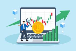 vlak illustratie van zakenman gebruik makend van vergroten glas analyseren cryptogeld trends Aan digitaal scherm digitaal valuta investeringen vector