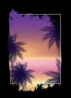 zomer nacht strand poster. tropische natuurlijke achtergrond met palm. decor voor stof, textiel, kleding vectorillustratie