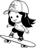 schattig weinig meisje in skateboard tekenfilm illustratie grafisch ontwerp. vector