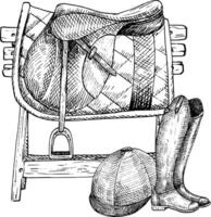 grafisch illustratie van zadel Aan houten stellage. laars, helm. hand- schilderen. paard apparatuur, voor paard sport, rijden vector
