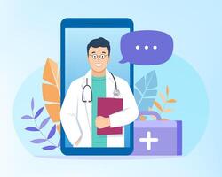 online dokter overleg, diagnostiek, advies of ondersteuning van geduldig over- de internetten, telefoontje Aan mobiel telefoon. vlak ontwerp concept gezondheidszorg toepassing voor website. medisch Gezondheid onderhoud. vector