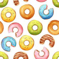 naadloos patroon met donuts met verschillend glazuren. toetjes, gebakjes, donuts verpakking. ornament Aan wit achtergrond vector