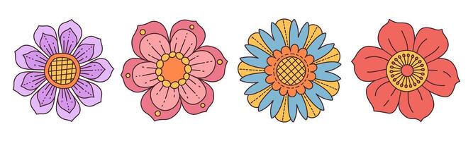 verzameling van voorjaar kleurrijk bloem. reeks modieus groovy wilde bloemen jaren 70 wijnoogst stijl geïsoleerd Aan wit. hand- getrokken bloesem tekening illustratie. helder kleurrijk bloemen. retro bloemen ontwerp. vector