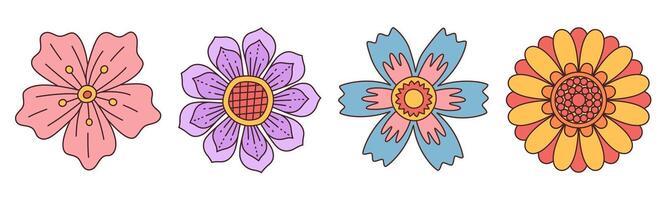 verzameling van voorjaar kleurrijk bloem. reeks modieus groovy wilde bloemen jaren 70 wijnoogst stijl geïsoleerd Aan wit. hand- getrokken bloesem tekening illustratie. helder kleurrijk bloemen. retro bloemen ontwerp. vector