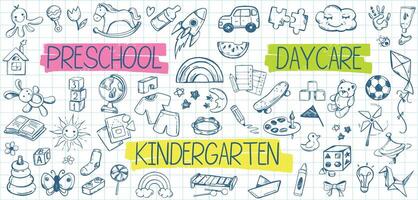 kleuterschool tekening pictogrammen Aan geruit papier achtergrond. peuter- kinderopvang set. kinderen onderwijs lijn kunst, school- artikelen. kinderen hand- getrokken speelgoed en dieren Aan vel van notebook. baby naadloos patroon. vector