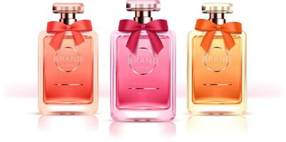 elegant glas flessen voor vrouwen parfums met zijde lint Aan de pet realistisch . klassiek verpakking voor geuren en interieur parfums geïsoleerd Aan wit achtergrond vector