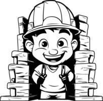illustratie van een kind jongen vervelend een bouw helm en stapel van hout blokken vector