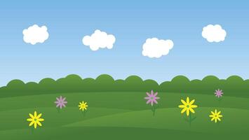 landschap tekenfilm tafereel. kleurrijk bloem Aan groen veld- met zon en wit wolk Aan blauw lucht achtergrond vector