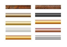 pijp reeks geïsoleerd Aan achtergrond. chroom, roestig, staal, gouden, koper en ijzer pijpen profiel. cilinder metaal buizen. vector