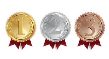 kampioen gouden, zilveren en bronzen medaille met rood lint pictogram teken eerste, tweede en derde plaats collectie set geïsoleerd op een witte achtergrond. vector illustratie