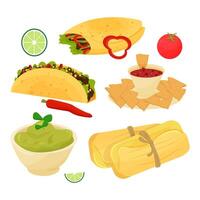 reeks van Mexicaans borden, voedsel taco, burrito, guacamole, tamale, nacho's versierd met limoen, tomaat, chili vector