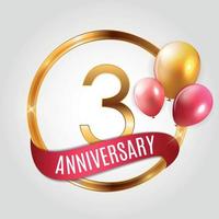 sjabloon gouden logo 3 jaar verjaardag met lint en ballonnen vectorillustratie vector