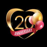 sjabloon gouden logo 20 jaar jubileum met lint en ballonnen vectorillustratie vector