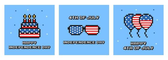 Verenigde Staten van Amerika onafhankelijkheid dag pixel kunst kaart set, sociaal media post sjabloon, banier, jaren 80, 90s oud speelhal spel stijl, Verenigde staten, ansichtkaarten, achtergrond, Verenigde Staten van Amerika vlag, taart, ballonnen, zonnebril vector