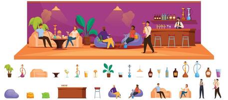 mensen shisha bar . een cartoonesk tekening van een bar met mensen zittend in couches en stoelen vector