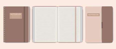 een reeks van realistisch blocnotes met een metaal spiraal in beige kleur. geïsoleerd blanco dagboek leerboek. Open en Gesloten organisator sjabloon. modern laptop concept. vector