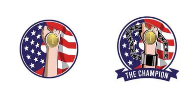 een circulaire Amerikaans vlag met een hand- Holding een goud medaille. deze ontwerp is geschikt voor patriottisch themed koopman. vector