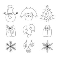 kerst vector collectie van verschillende objecten. sneeuwpop, trui, kerstboom, cadeau, wanten, sneeuwvlok, ballen.