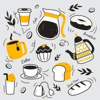 coffeeshopillustratie, met de hand getekend, geel en zwart, koffiebonen, koffieapparatuur, grappig, vector