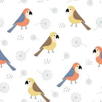 naadloos patroon de kleurrijke vogel achtergrond heeft paardebloemen verspreid over. ontwerpideeën die worden gebruikt voor afdrukken, wenskaarten, cadeauverpakking, babykleding, textiel vectorillustratie vector