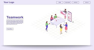 teamwork webpagina vector sjabloon met isometrische illustratie. zakelijke bijeenkomst. marktonderzoek. zakelijke presentatie. samenwerken. ontwerp van de website-interface. webpagina, 3D-concept voor mobiele apps