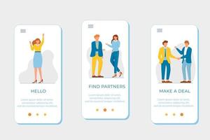 zakelijke partnerschap onboarding mobiele app scherm vector sjabloon. hallo, vind partners, sluit een deal. walkthrough website stappen met platte karakters. ux, ui, gui smartphone cartoon interface concept