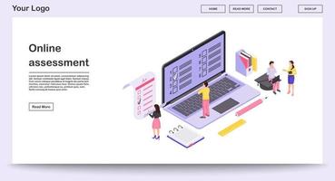 online beoordeling webpagina vector sjabloon met isometrische illustratie. studenten die online en papieren examens afleggen. e-cursussen website-interface ontwerp. webpagina voor onderwijs op afstand, 3D-concept voor mobiele apps