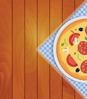 pizza in witte plaat op keukenservet bij houten planken vectorillustratie als achtergrond vector