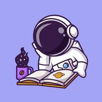 schattig astronaut lezing boek met ruimte koffie tekenfilm vector