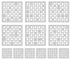 futoshiki 5x5 puzzel reeks met oplossingen futoshiki, of meer of minder, is een logica puzzel spel van Japan. vector