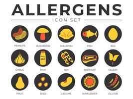 zwart kleurrijk allergenen icoon set. allergenen, paddestoel, schaaldieren, vis, ei, knoflook, melk, soja vlees, selderij, fruit, zaad, peulvrucht en zonnebloem gluten allergie pictogrammen vector