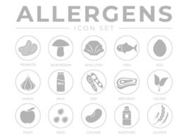 gemakkelijk allergenen icoon set. allergenen, paddestoel, schaaldieren, vis, ei, knoflook, melk, soja rood vlees, selderij, fruit, zaad, peulvrucht en additieven gluten allergeen pictogrammen vector