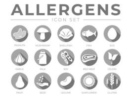 vlak grijs allergenen icoon set. allergenen, paddestoel, schaaldieren, vis, ei, knoflook, melk, soja rood vlees, selderij, fruit, zaad, peulvrucht en zonnebloem gluten voedsel allergie pictogrammen vector