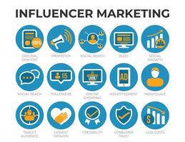 influencer afzet icoon reeks met seo, e-mail marketing, web ontwerp, analyse, sociaal media en andere pictogrammen. vector