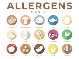 kleurrijk allergenen icoon set. allergenen, paddestoel, schaaldieren, vis, ei, knoflook, melk, soja rood vlees, selderij, fruit, zaad, peulvrucht en maïs gluten allergeen pictogrammen vector