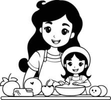 moeder en dochter Koken samen in de keuken in tekenfilm stijl. vector