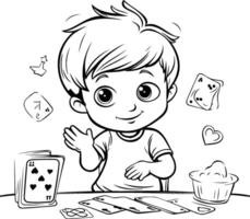 schattig weinig jongen spelen kaart spellen. zwart en wit illustratie. vector