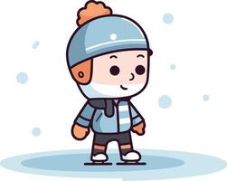 weinig jongen spelen ijs hockey. winter sport in tekenfilm stijl. vector
