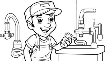 zwart en wit tekenfilm illustratie van kind jongen loodgieter repareren een water kraan vector