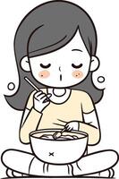 illustratie van een kind meisje aan het eten een kom van noedels vector
