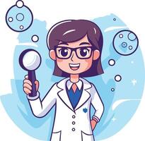 wetenschapper meisje met vergroten glas in tekenfilm stijl vector