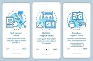 klantenondersteuning online onboarding mobiele app-paginascherm met lineaire concepten. lient ommunicatieservice walkthrough stappen grafische instructies. ux, ui, gui vectorsjabloon met illustraties vector