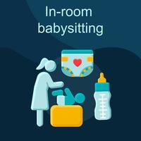 op de kamer babysitten platte concept vector pictogram. kinderopvang, oppas, kinderdagverblijf, ouderschap idee cartoon kleur illustraties set. moeder veranderende luier, pasgeboren benodigdheden. geïsoleerd grafisch ontwerpelement